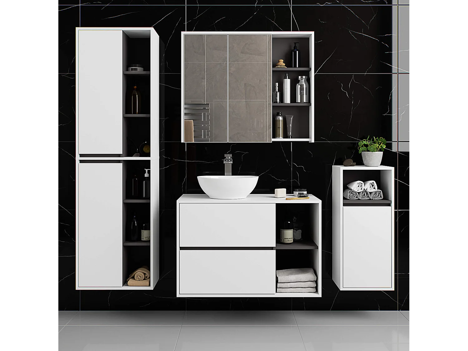 Hangende Badkamerkast VAMI W90 met 1 Deur en 3 Planken / Wit - Grafietgrijs / AKORD Furniture Factory / 35x30x80 cmSZARY