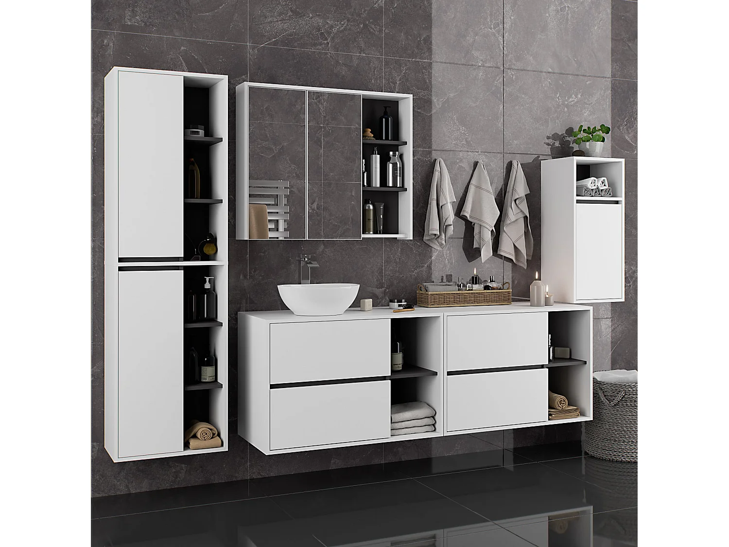 Badezimmer-Hängeschrank VAMI Weiß, Graphitgrau 35 cm 1 Tür 3 Regalböden B35xH80xT30 cm