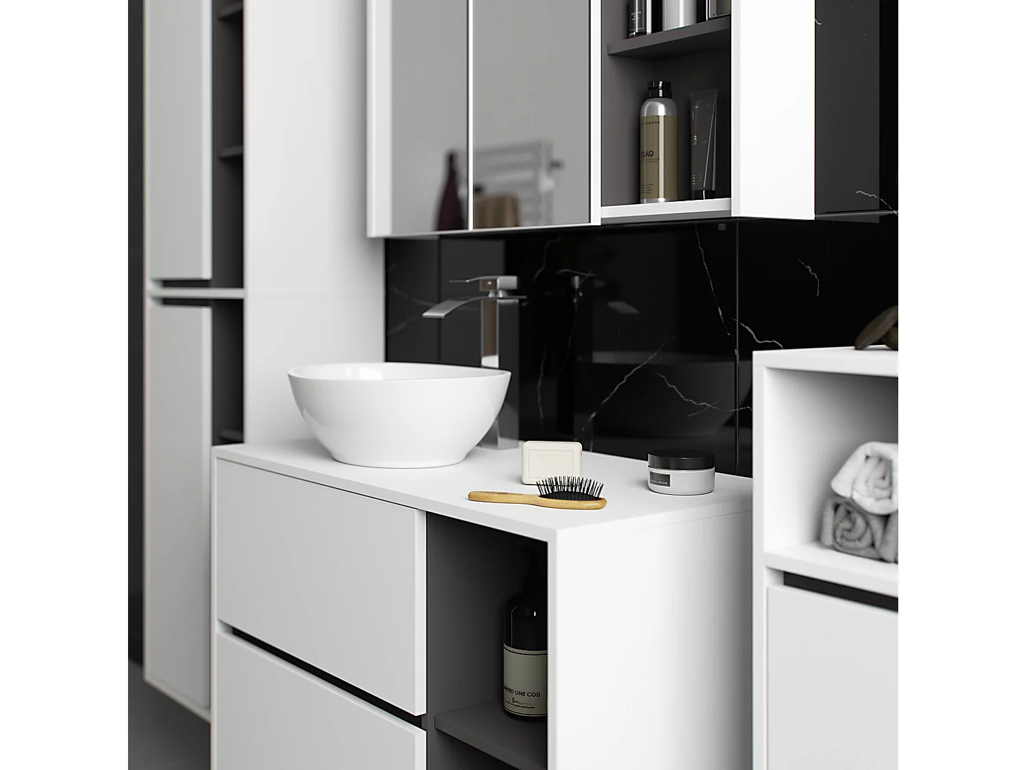 Badezimmer-Hängeschrank VAMI Weiß, Graphitgrau 35 cm 1 Tür 3 Regalböden B35xH80xT30 cm