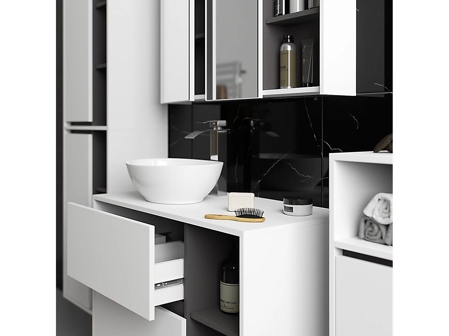 Badezimmer-Hängeschrank VAMI Weiß, Graphitgrau 35 cm 1 Tür 3 Regalböden B35xH80xT30 cm