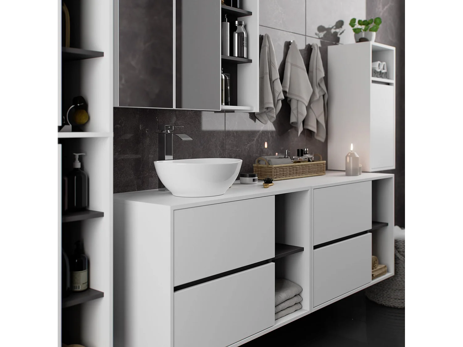 Badezimmer-Hängeschrank VAMI Weiß, Graphitgrau 35 cm 1 Tür 3 Regalböden B35xH80xT30 cm