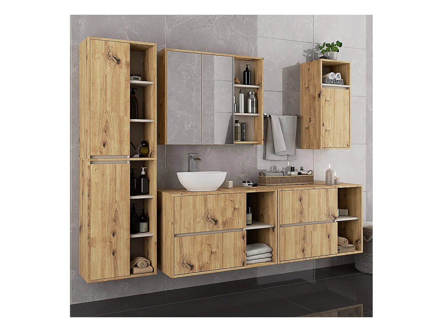 Badezimmer-Hängeschrank VAMI Artisan Eiche, Kaschmir 35 cm 1 Tür 3 Regalböden B35xH80xT30 cm