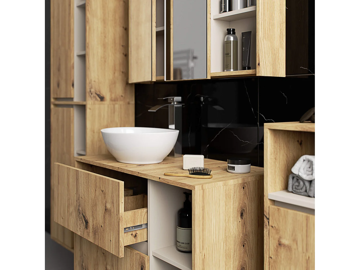 Hangende Badkamerkast VAMI W90 met 1 Deur en 3 Planken / Artisan Eik - Kasjmier / AKORD Furniture Factory / 35x30x80 cm