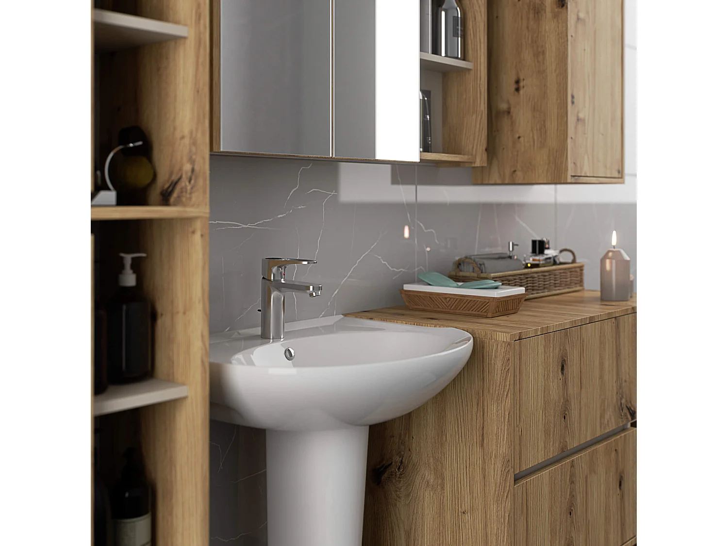 Hangende Badkamerkast VAMI W90 met 1 Deur en 3 Planken / Artisan Eik - Kasjmier / AKORD Furniture Factory / 35x30x80 cm