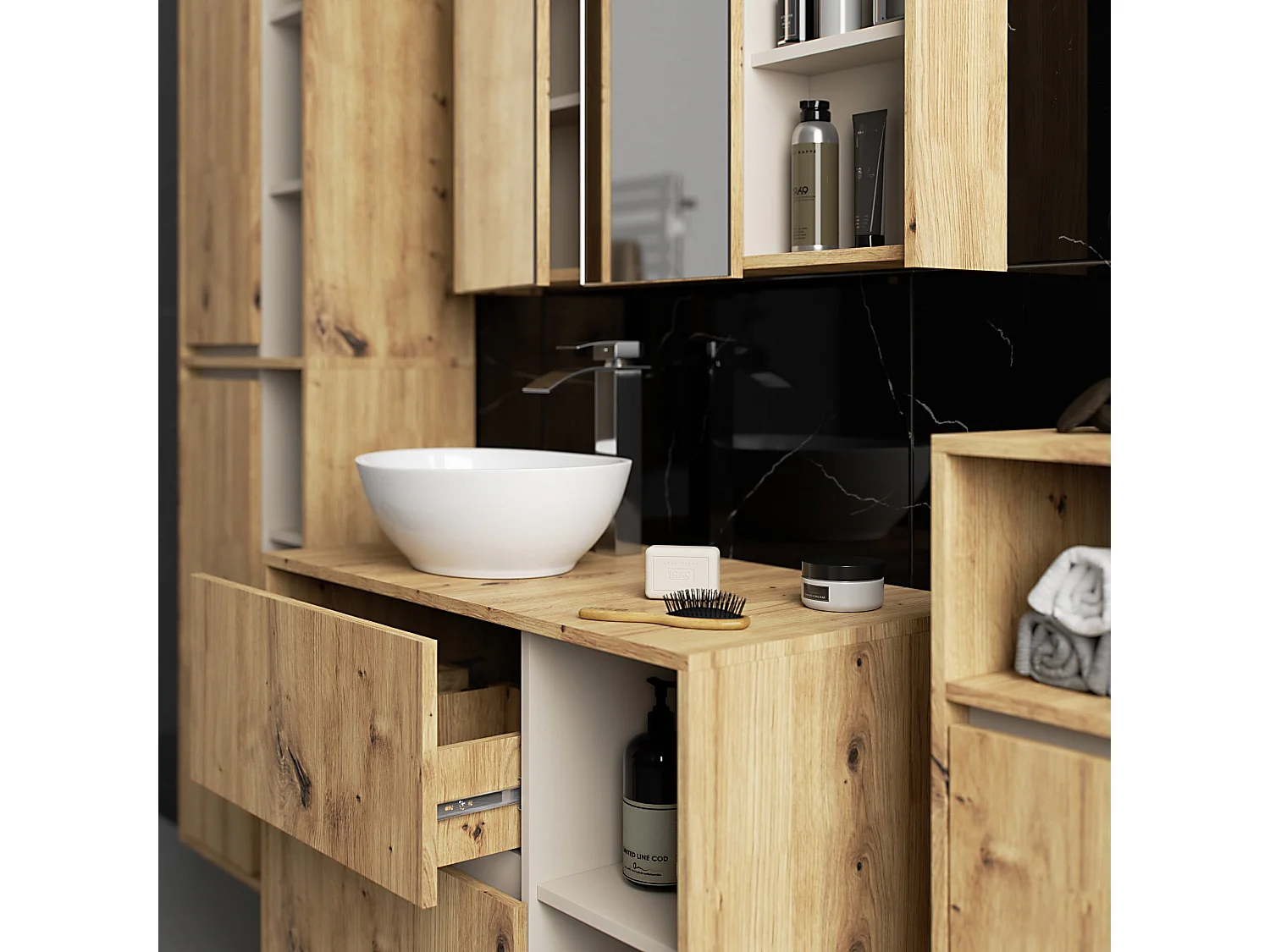 Badezimmer-Hängeschrank VAMI Artisan Eiche, Kaschmir 35 cm 1 Tür 3 Regalböden B35xH80xT30 cm