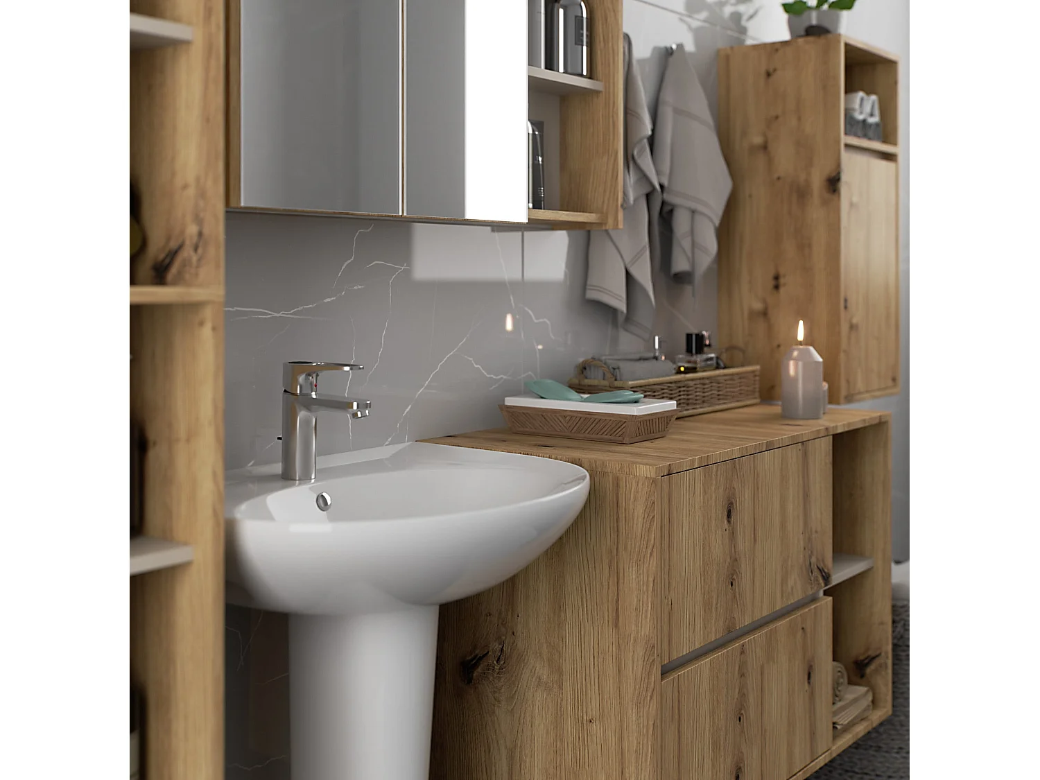 Badezimmer-Hängeschrank VAMI Artisan Eiche, Kaschmir 35 cm 1 Tür 3 Regalböden B35xH80xT30 cm