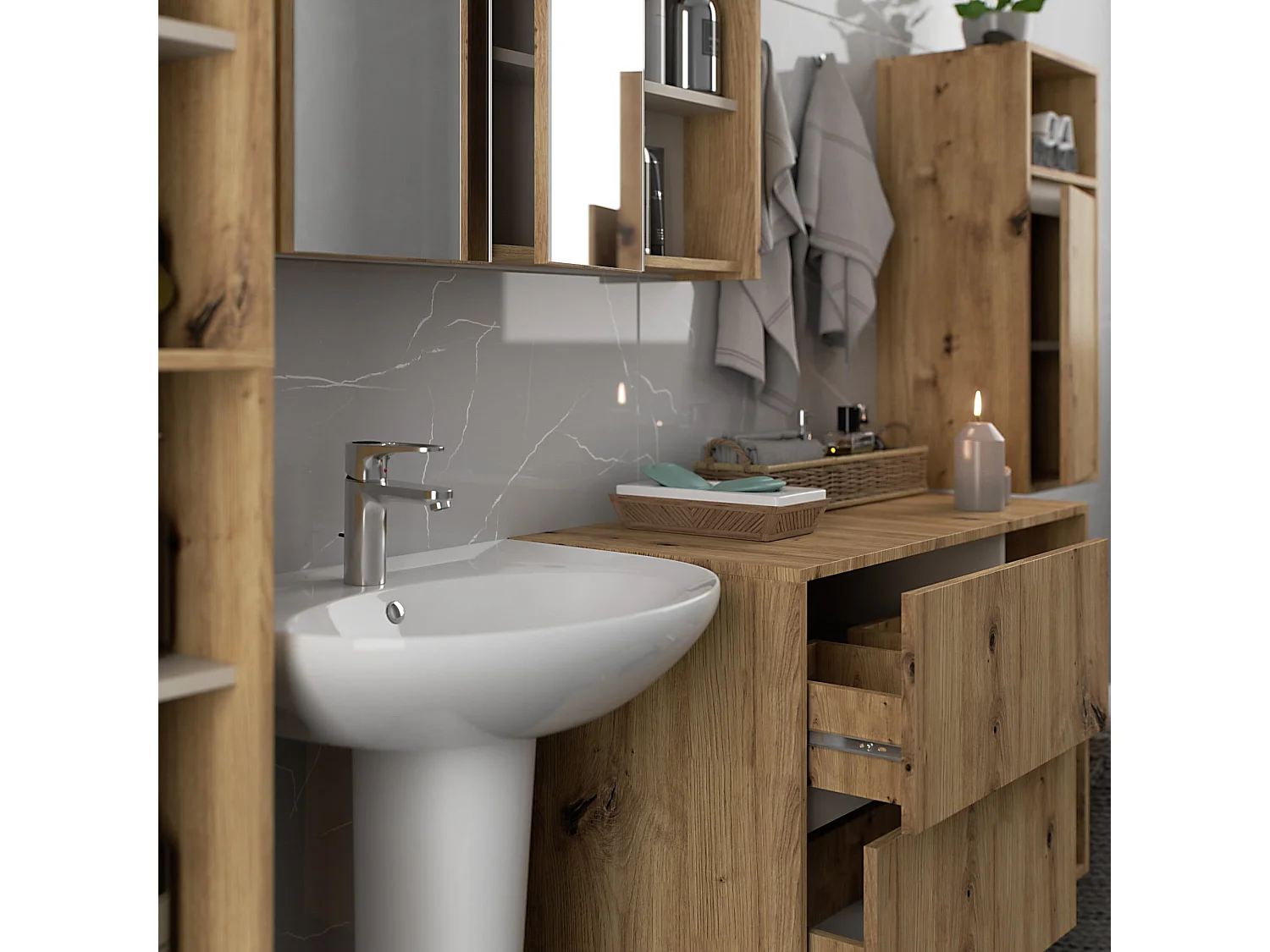 Badezimmer-Hängeschrank VAMI Artisan Eiche, Kaschmir 35 cm 1 Tür 3 Regalböden B35xH80xT30 cm