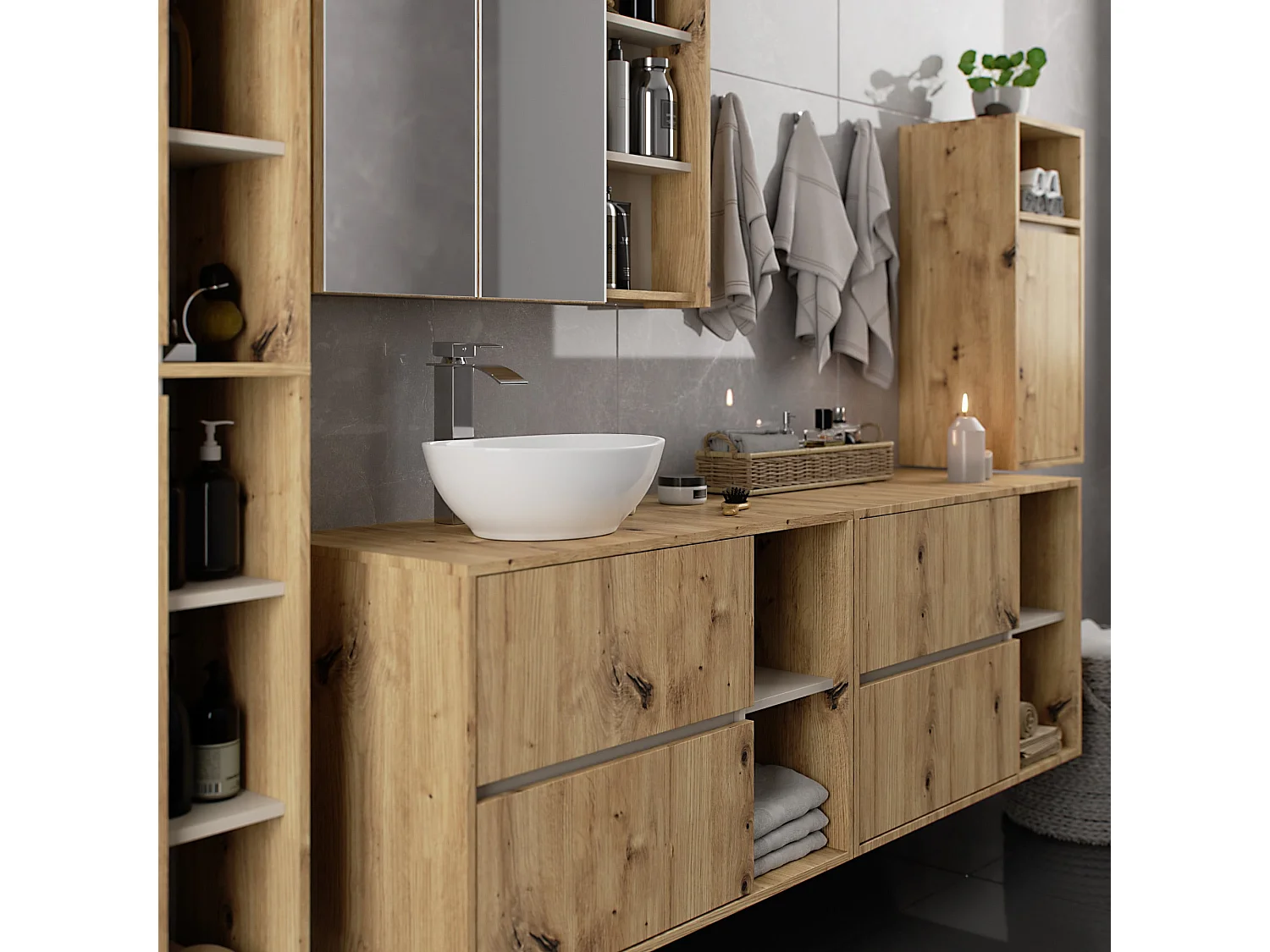 Badezimmer-Hängeschrank VAMI Artisan Eiche, Kaschmir 35 cm 1 Tür 3 Regalböden B35xH80xT30 cm