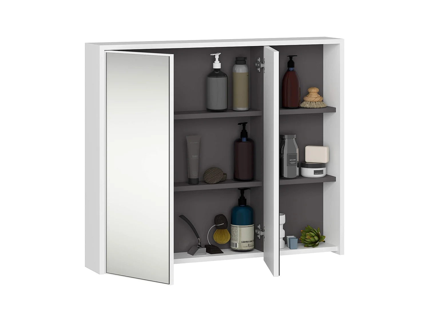 Badezimmer-Hängeschrank VAMI mit Spiegel Weiß, Graphitgrau 90 cm 2 Türen 6 Regalböden B90xH75xT15 cm