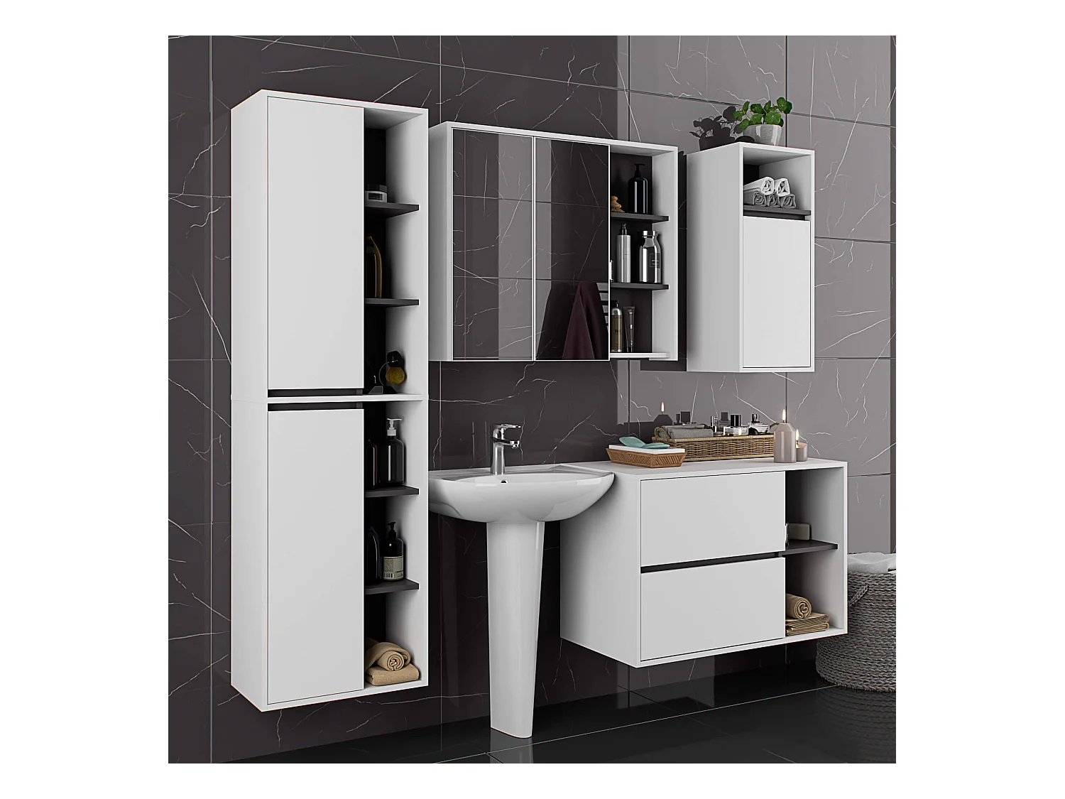 Badezimmer-Hängeschrank VAMI mit Spiegel Weiß, Graphitgrau 90 cm 2 Türen 6 Regalböden B90xH75xT15 cm