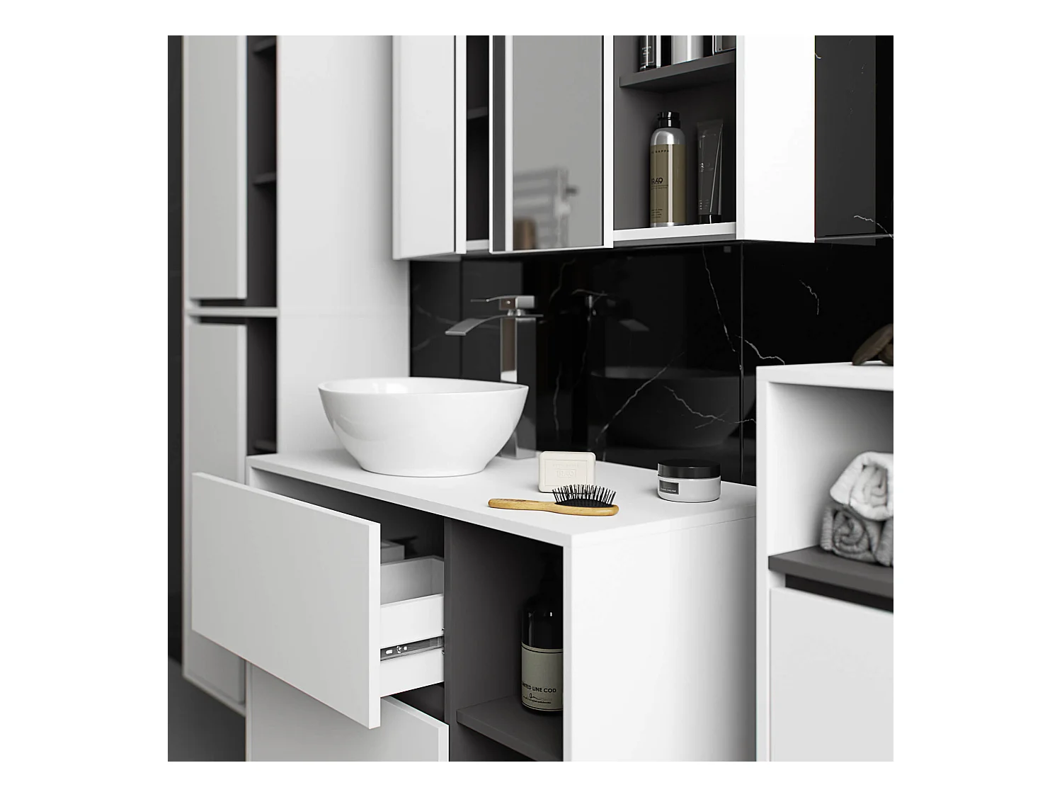 Badezimmer-Hängeschrank VAMI mit Spiegel Weiß, Graphitgrau 90 cm 2 Türen 6 Regalböden B90xH75xT15 cm