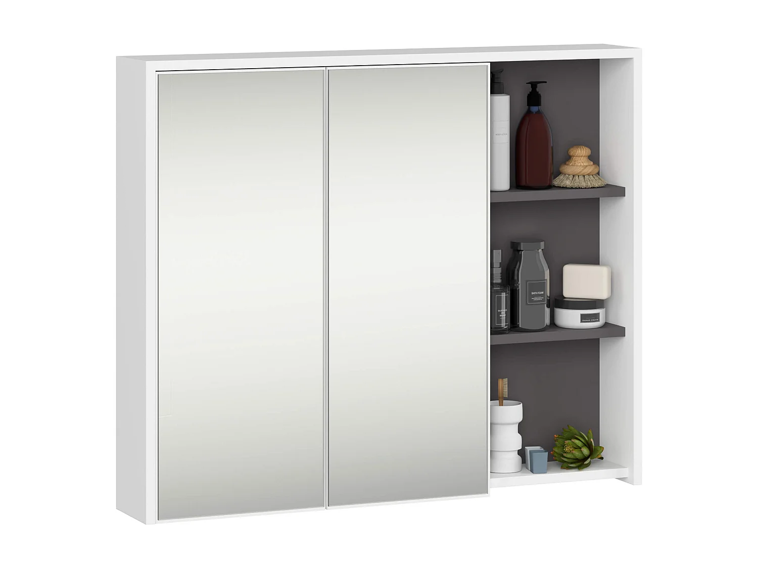 Hangende Badkamerkast Spiegelkast VAMI W90 met 2 Deuren en 6 Planken en Spiegel / Wit - Grafietgrijs / AKORD Furniture Factory / 90x15x75 cm