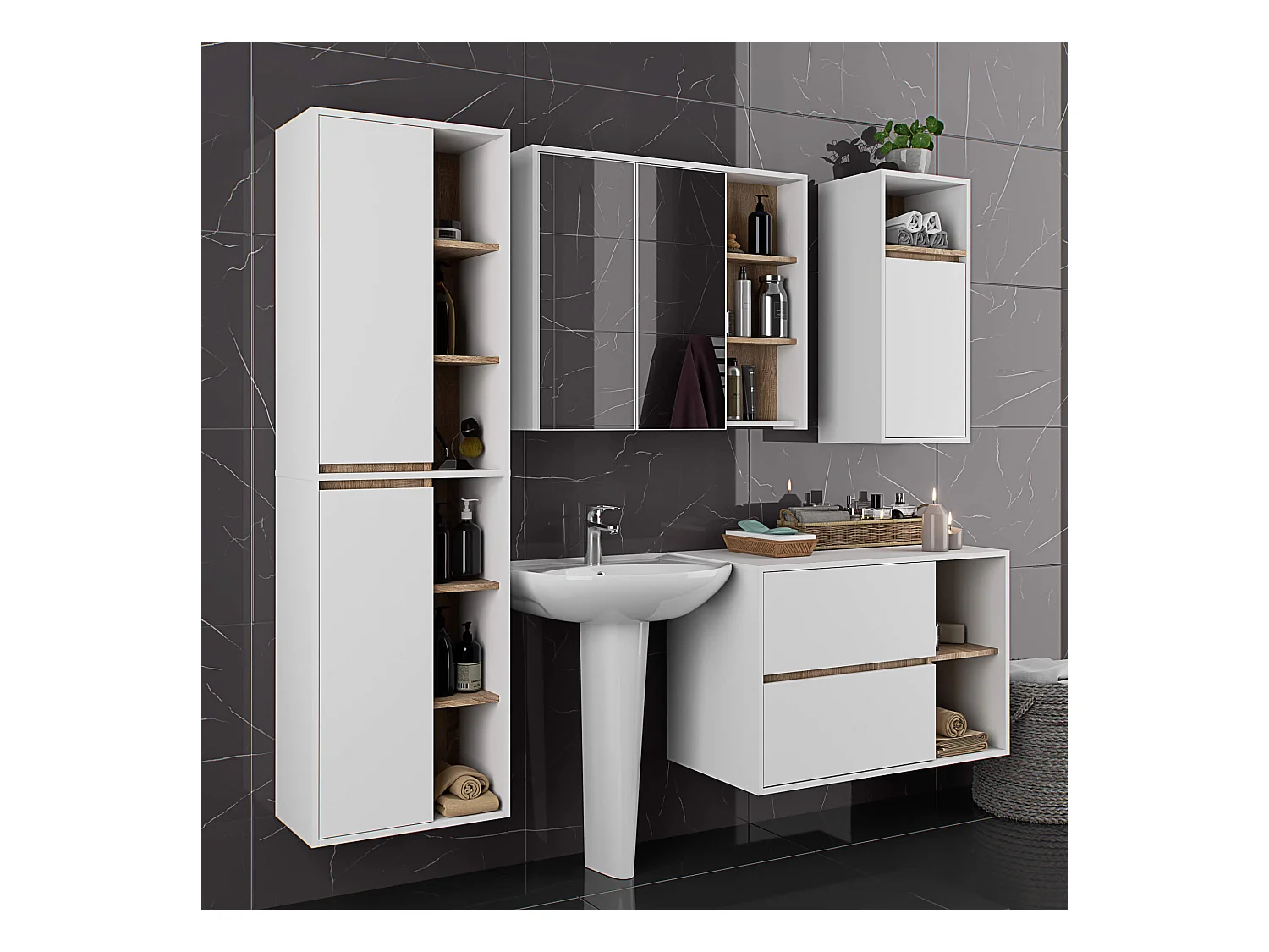 Badezimmer-Hängeschrank VAMI Weiß, Sonoma Eiche 35 cm 1 Tür 3 Regalböden B35xH80xT30 cm