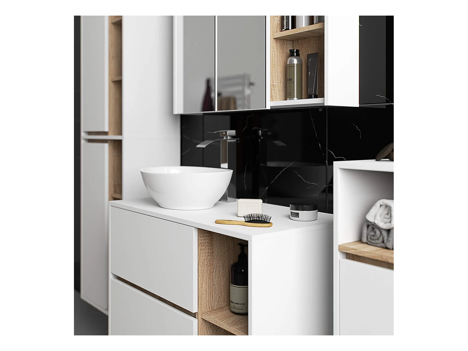 Badezimmer-Hängeschrank VAMI Weiß, Sonoma Eiche 35 cm 1 Tür 3 Regalböden B35xH80xT30 cm