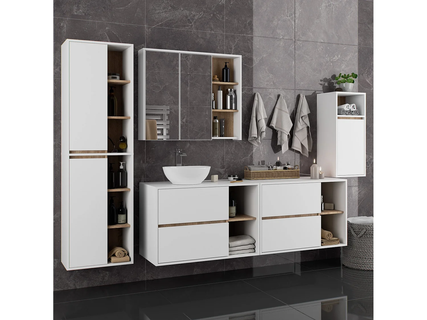 Badezimmer-Hängeschrank VAMI Weiß, Sonoma Eiche 35 cm 1 Tür 3 Regalböden B35xH80xT30 cm
