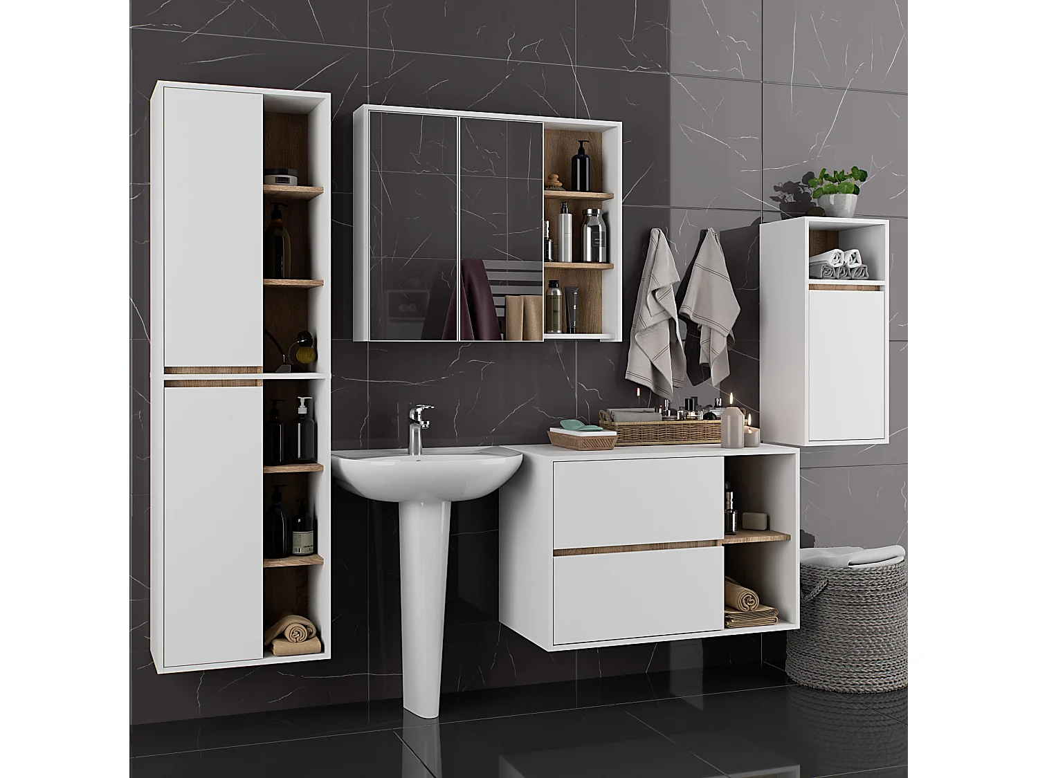 Badezimmer-Hängeschrank VAMI Weiß, Sonoma Eiche 35 cm 1 Tür 3 Regalböden B35xH80xT30 cm