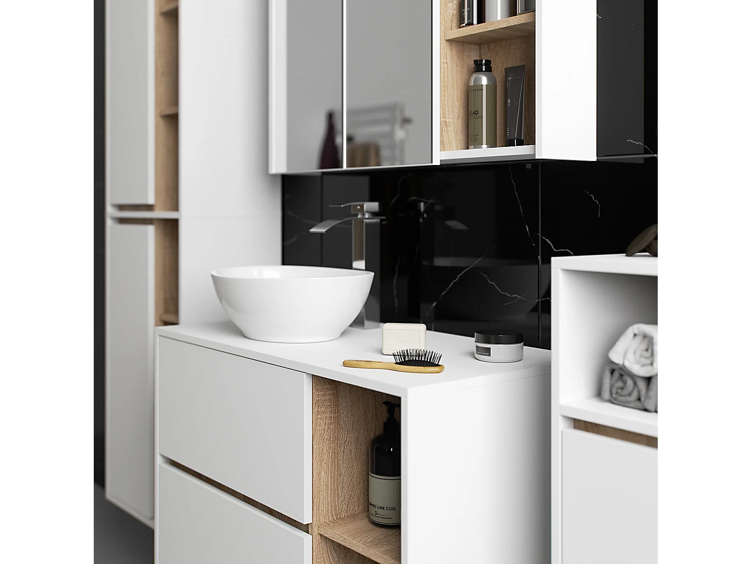 Badezimmer-Hängeschrank VAMI Weiß, Sonoma Eiche 35 cm 1 Tür 3 Regalböden B35xH80xT30 cm