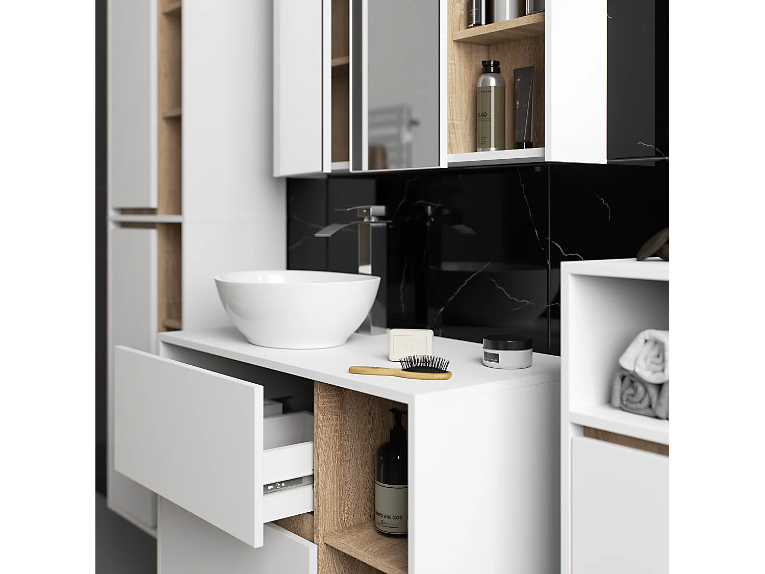 Badezimmer-Hängeschrank VAMI Weiß, Sonoma Eiche 35 cm 1 Tür 3 Regalböden B35xH80xT30 cm