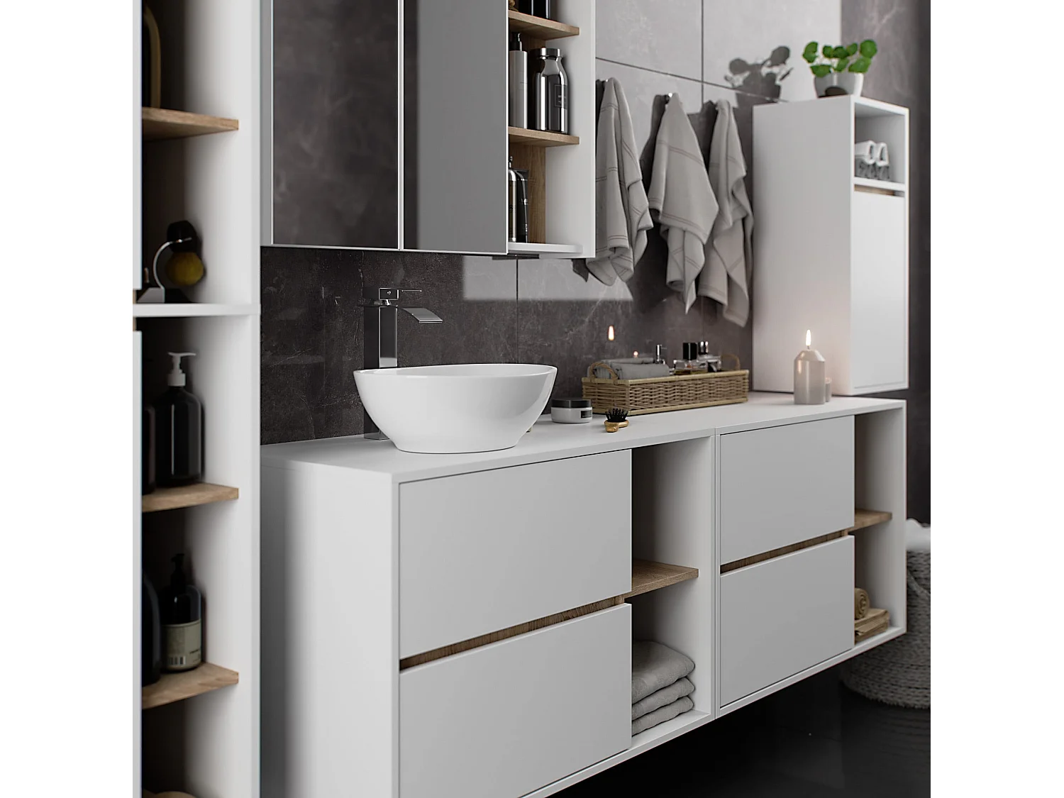 Badezimmer-Hängeschrank VAMI Weiß, Sonoma Eiche 35 cm 1 Tür 3 Regalböden B35xH80xT30 cm