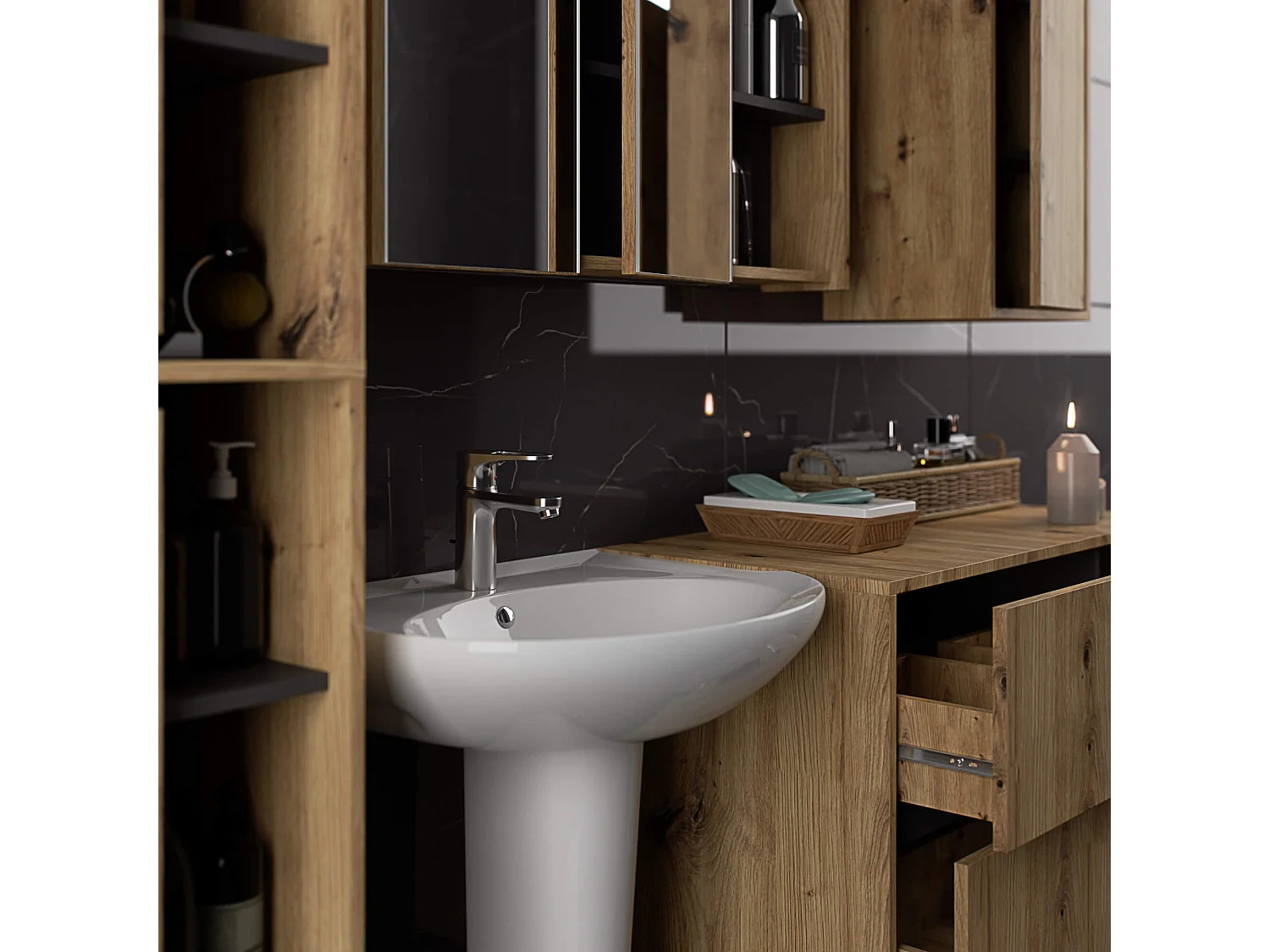 Badezimmer-Hängeschrank VAMI Artisan Eiche, Graphitgrau 35 cm 1 Tür 3 Regalböden B35xH80xT30 cm