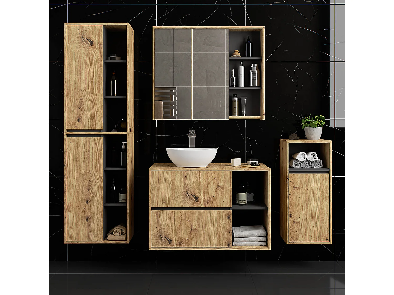 Hangende Badkamerkast VAMI W90 met 1 Deur en 3 Planken / Artisan Eik - Grafietgrijs / AKORD Furniture Factory / 35x30x80 cm