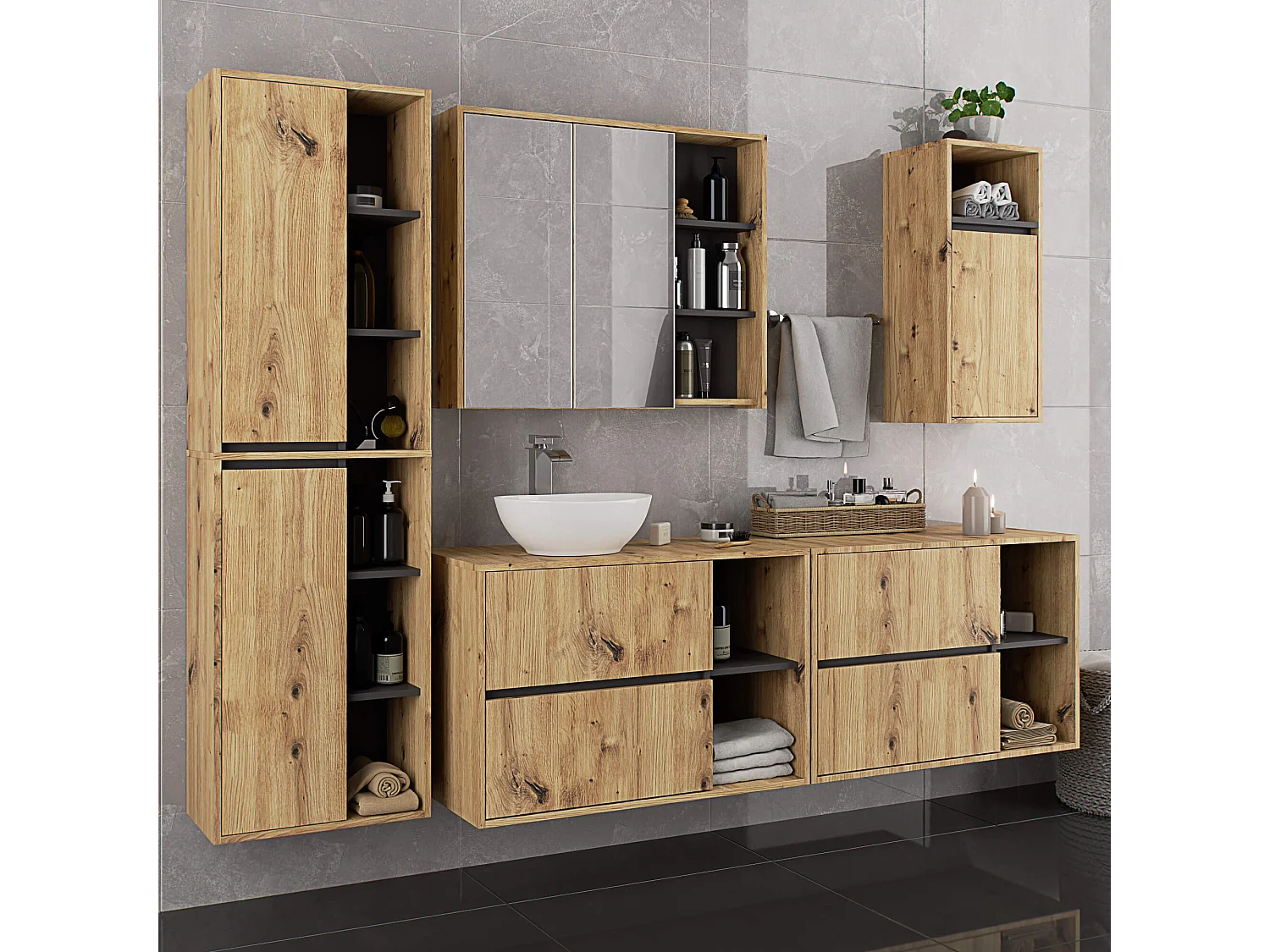 Hangende Badkamerkast VAMI W90 met 1 Deur en 3 Planken / Artisan Eik - Grafietgrijs / AKORD Furniture Factory / 35x30x80 cm