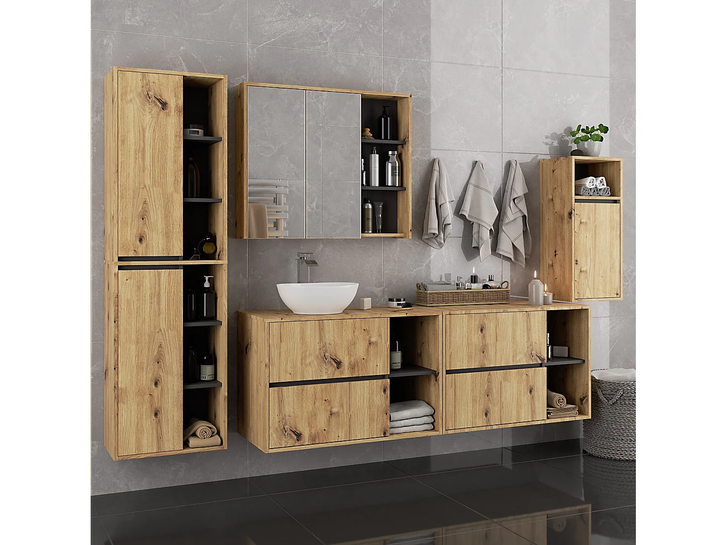 Badezimmer-Hängeschrank VAMI Artisan Eiche, Graphitgrau 35 cm 1 Tür 3 Regalböden B35xH80xT30 cm