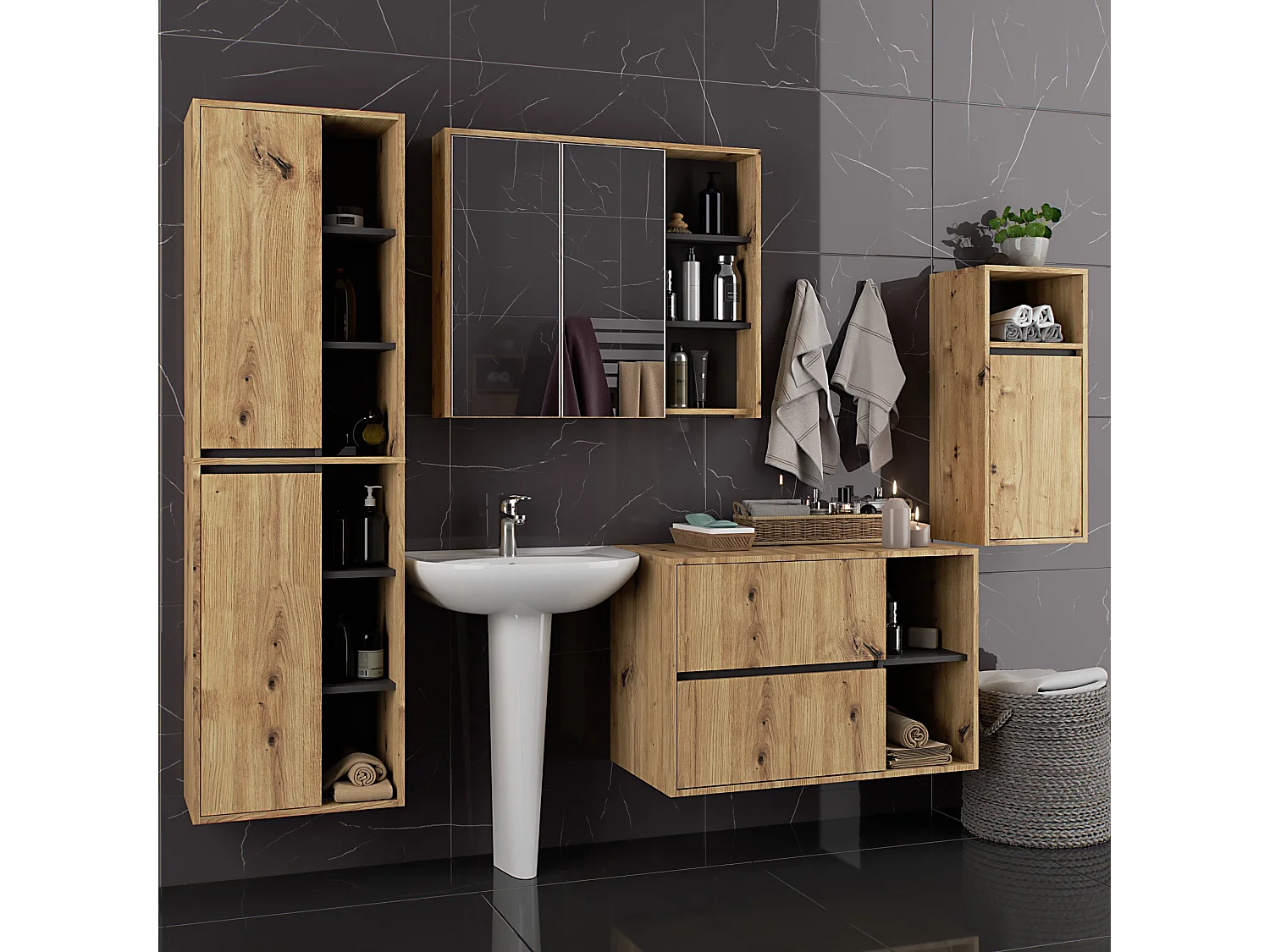 Badezimmer-Hängeschrank VAMI Artisan Eiche, Graphitgrau 35 cm 1 Tür 3 Regalböden B35xH80xT30 cm