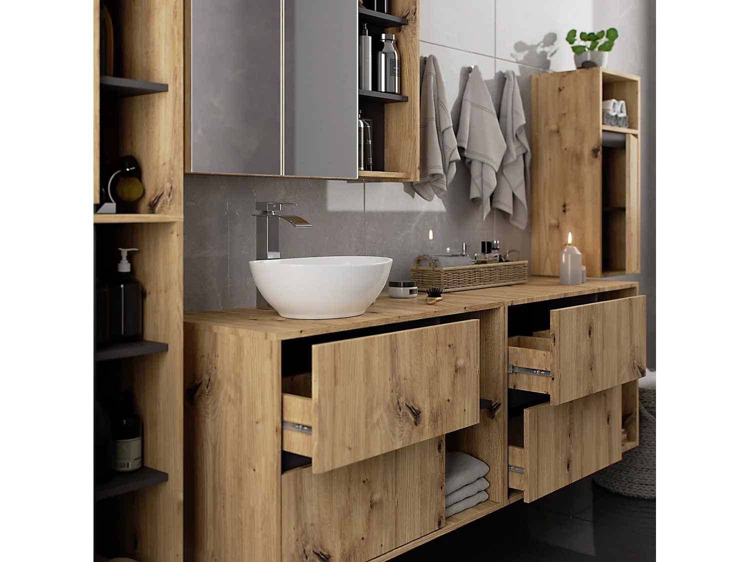 Badezimmer-Hängeschrank VAMI Artisan Eiche, Graphitgrau 35 cm 1 Tür 3 Regalböden B35xH80xT30 cm