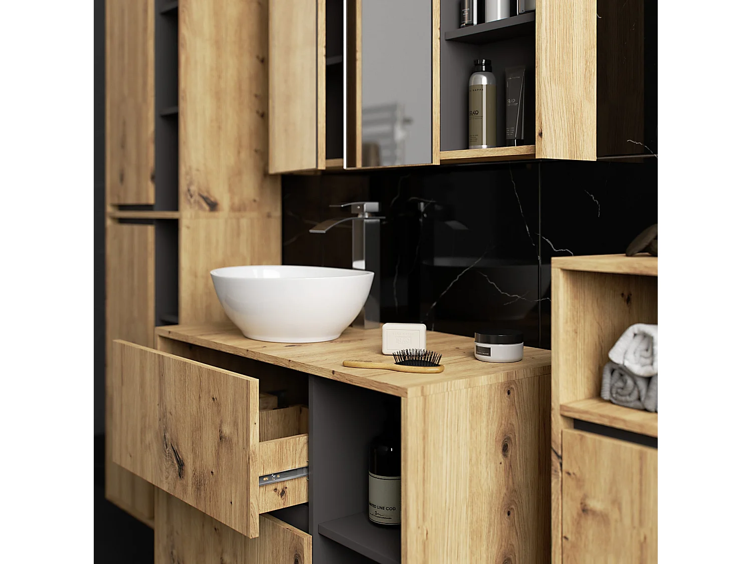 Badezimmer-Hängeschrank VAMI Artisan Eiche, Graphitgrau 35 cm 1 Tür 3 Regalböden B35xH80xT30 cm