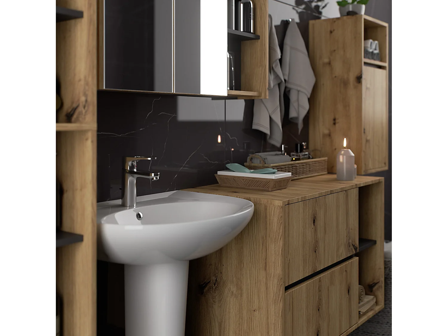 Badezimmer-Hängeschrank VAMI Artisan Eiche, Graphitgrau 35 cm 1 Tür 3 Regalböden B35xH80xT30 cm