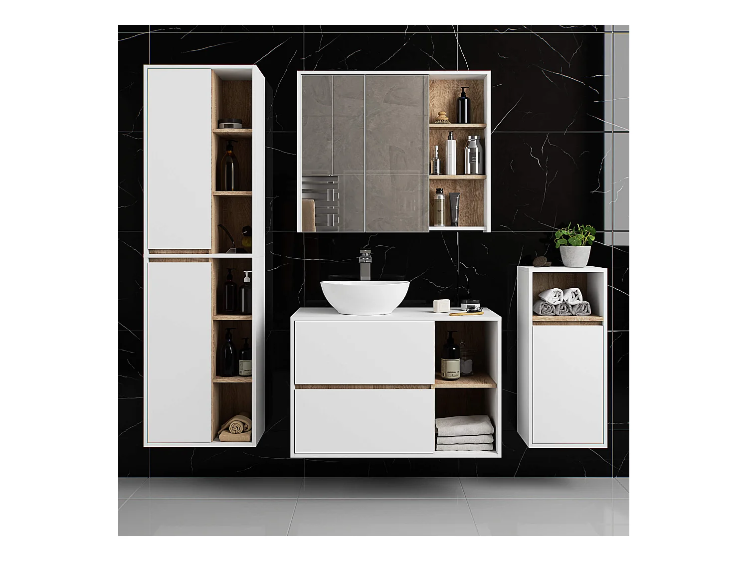 Bad-Hochschrank hängend VAMI Weiß, Sonoma Eiche 50 cm 2 Türen 10 Regalböden B50xH170xT30 cm