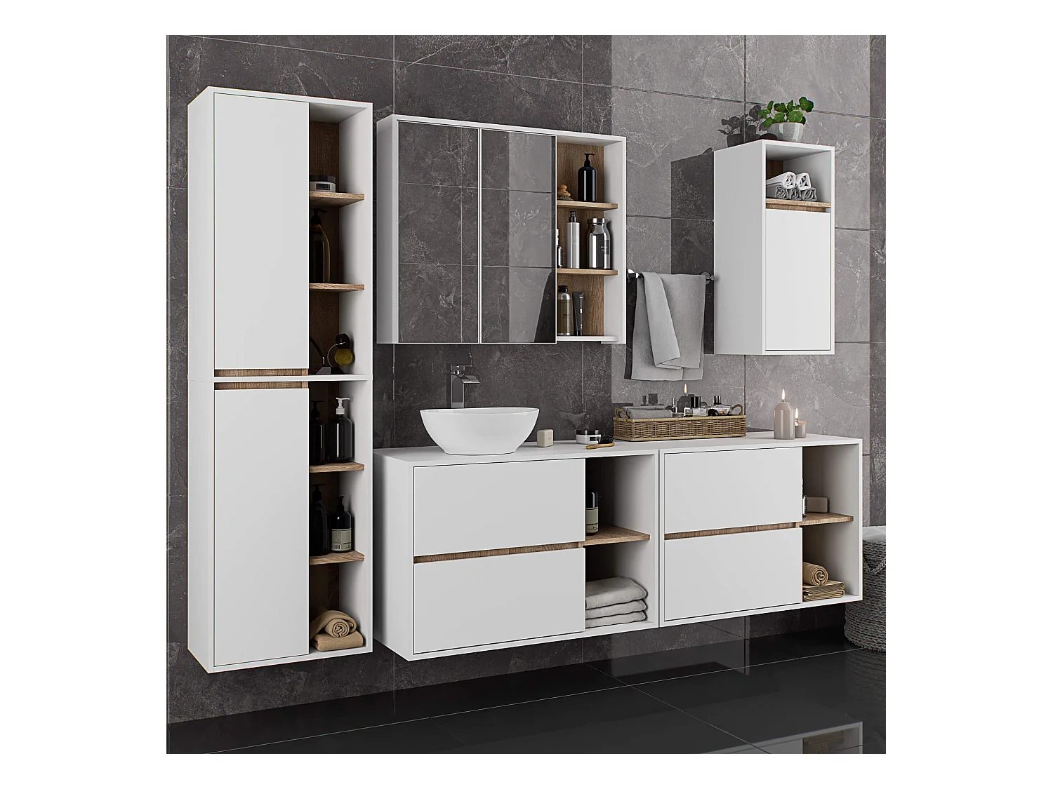 Bad-Hochschrank hängend VAMI Weiß, Sonoma Eiche 50 cm 2 Türen 10 Regalböden B50xH170xT30 cm