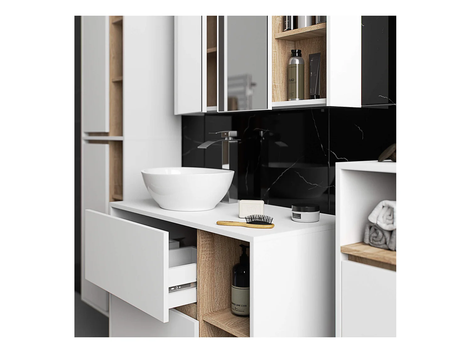 Bad-Hochschrank hängend VAMI Weiß, Sonoma Eiche 50 cm 2 Türen 10 Regalböden B50xH170xT30 cm