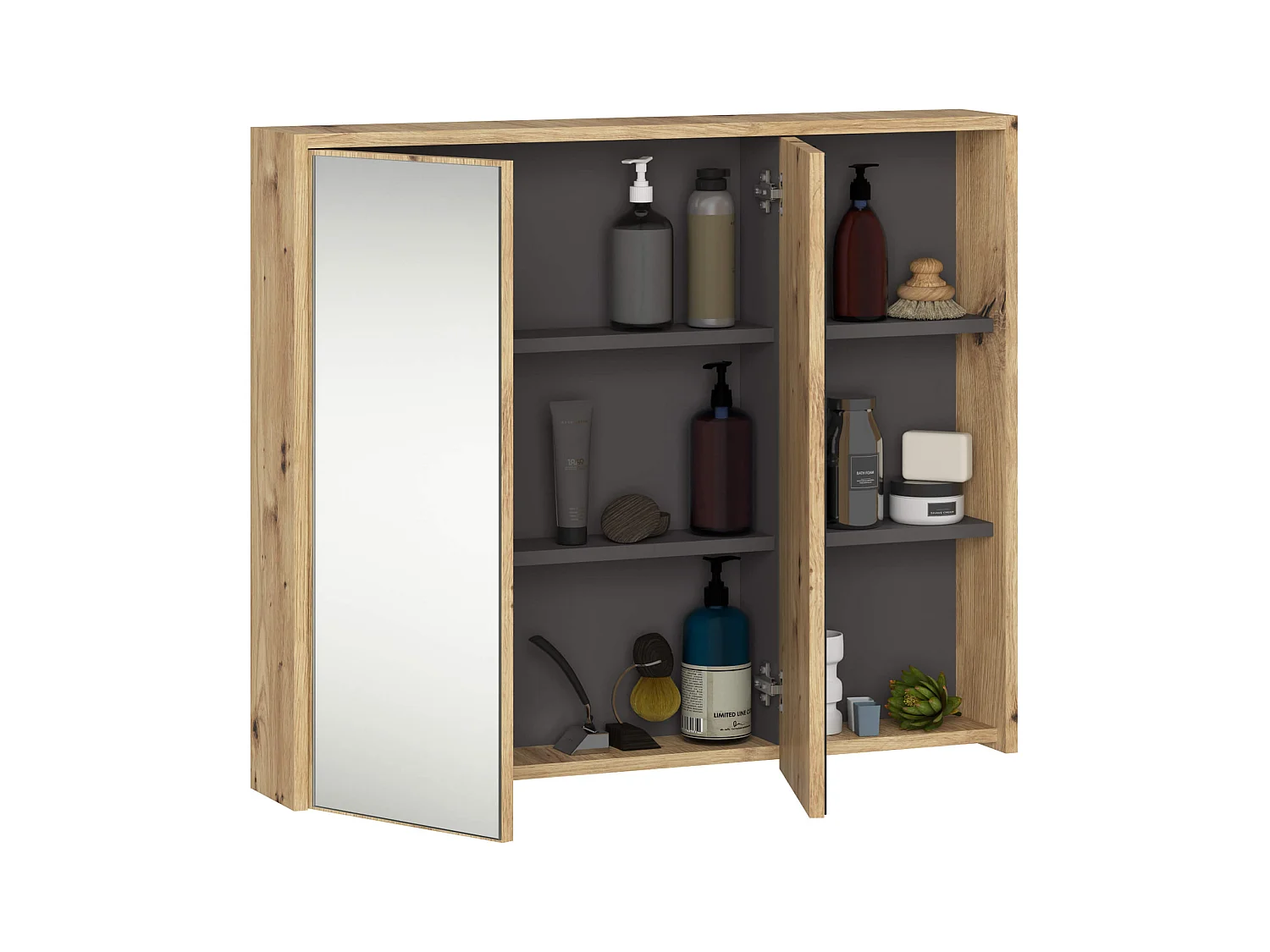 Badezimmer-Hängeschrank VAMI mit Spiegel Artisan Eiche, Graphitgrau 90 cm 2 Türen 6 Regalböden B90xH75xT15 cm