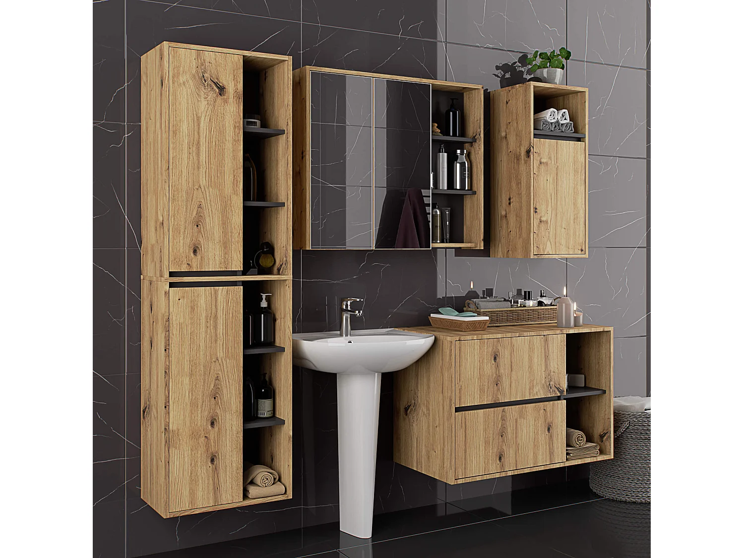 Badezimmer-Hängeschrank VAMI mit Spiegel Artisan Eiche, Graphitgrau 90 cm 2 Türen 6 Regalböden B90xH75xT15 cm