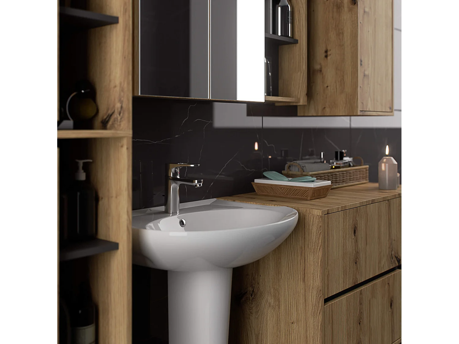 Badezimmer-Hängeschrank VAMI mit Spiegel Artisan Eiche, Graphitgrau 90 cm 2 Türen 6 Regalböden B90xH75xT15 cm