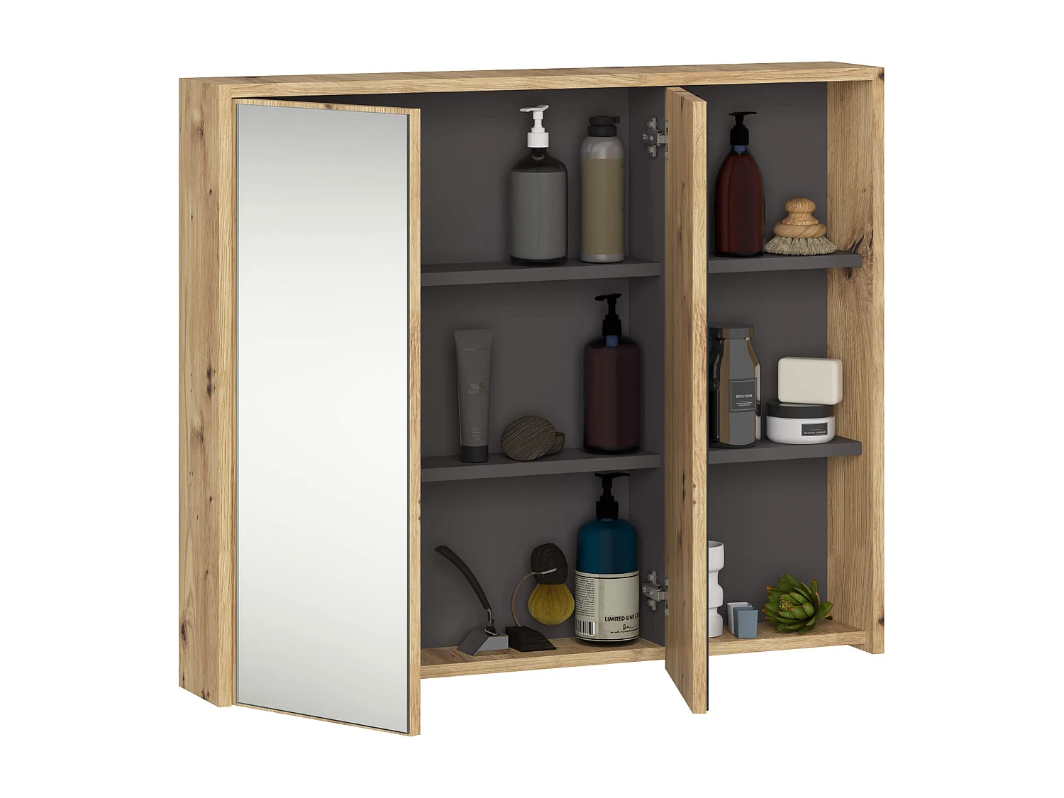 Hangende Badkamerkast Spiegelkast VAMI W90 met 2 Deuren en 6 Planken en Spiegel / Artisan Eik - Grafietgrijs / AKORD Furniture Factory / 90x15x75 cm