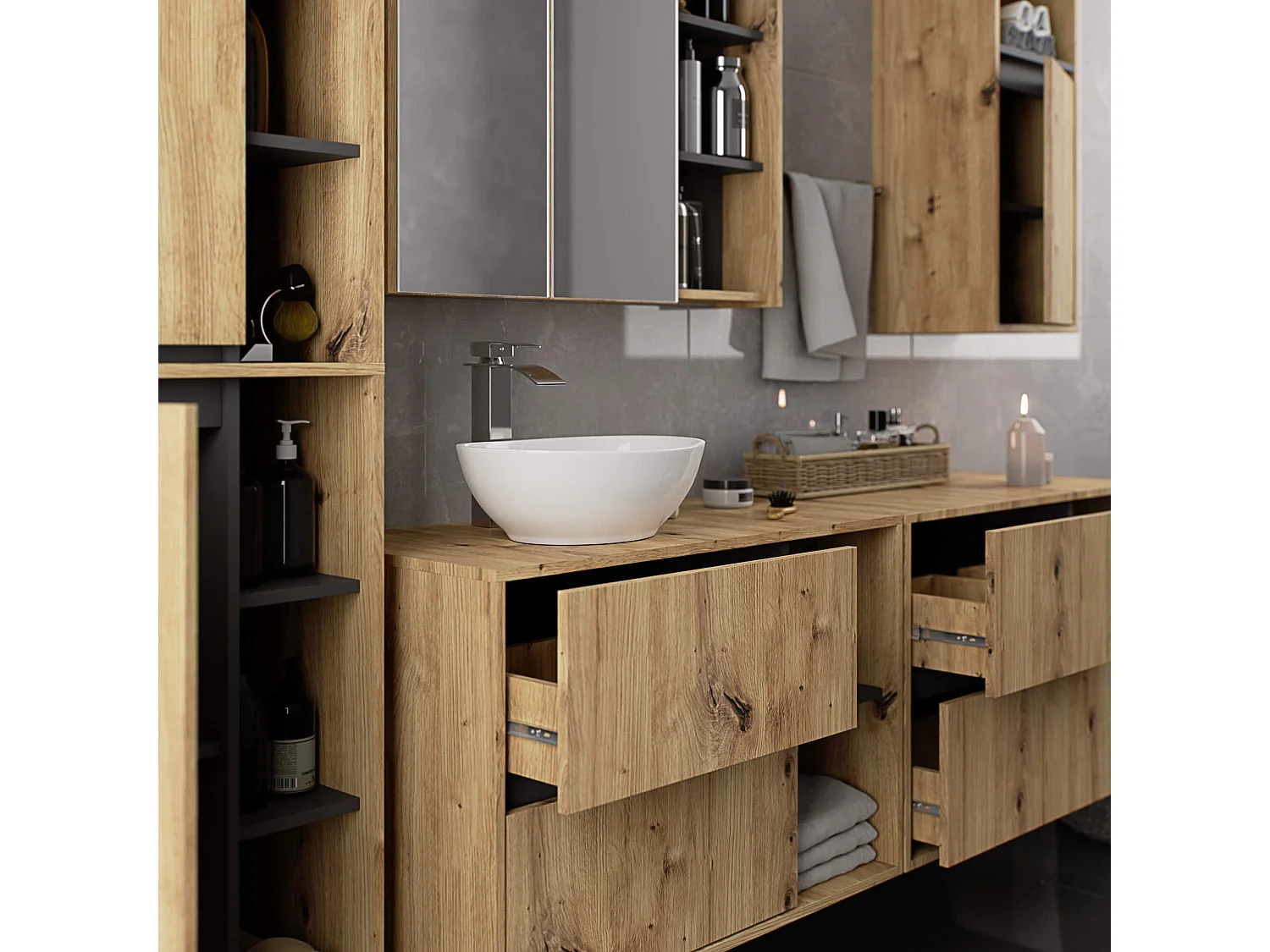 Hangende Badkamerkast Spiegelkast VAMI W90 met 2 Deuren en 6 Planken en Spiegel / Artisan Eik - Grafietgrijs / AKORD Furniture Factory / 90x15x75 cm