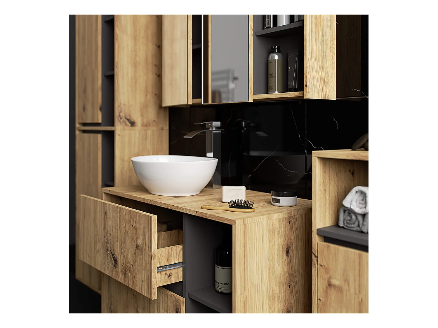 Bad-Hochschrank hängend VAMI Artisan Eiche, Graphitgrau 50 cm 2 Türen 10 Regalböden B50xH170xT30 cm