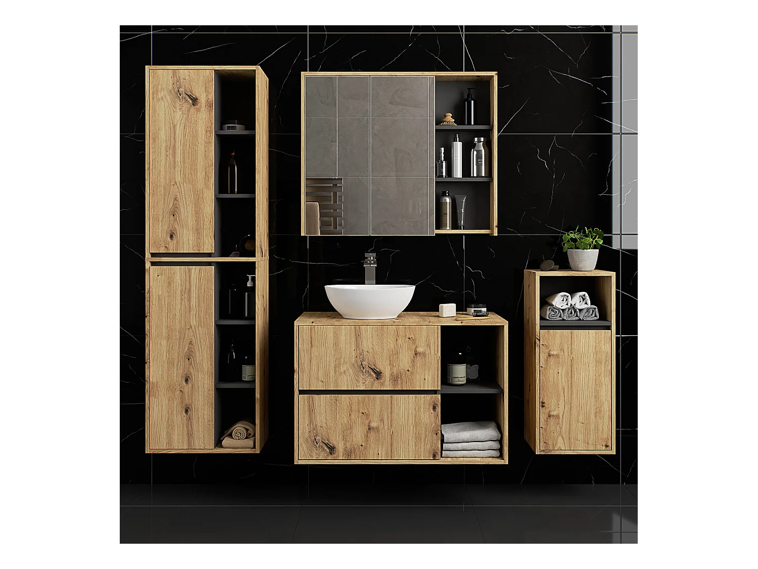 Bad-Hochschrank hängend VAMI Artisan Eiche, Graphitgrau 50 cm 2 Türen 10 Regalböden B50xH170xT30 cm