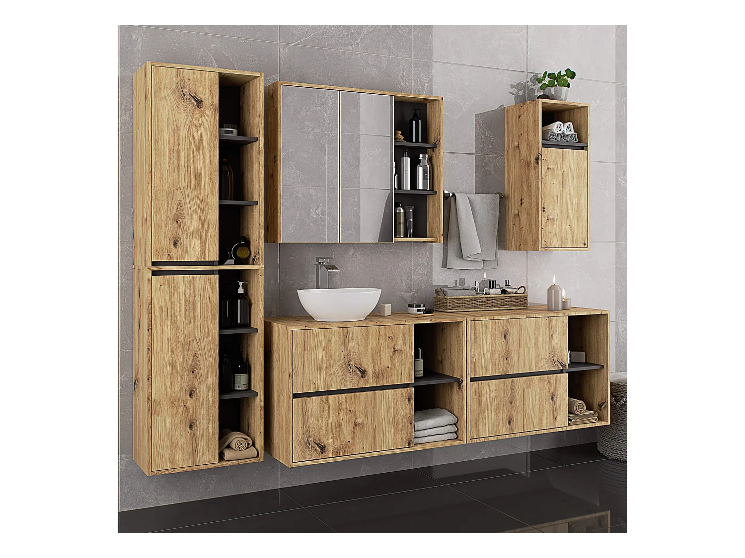 Bad-Hochschrank hängend VAMI Artisan Eiche, Graphitgrau 50 cm 2 Türen 10 Regalböden B50xH170xT30 cm