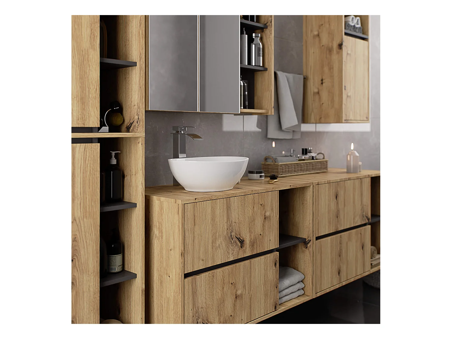 Bad-Hochschrank hängend VAMI Artisan Eiche, Graphitgrau 50 cm 2 Türen 10 Regalböden B50xH170xT30 cm