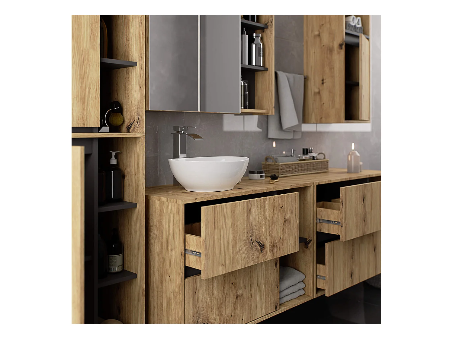 Bad-Hochschrank hängend VAMI Artisan Eiche, Graphitgrau 50 cm 2 Türen 10 Regalböden B50xH170xT30 cm