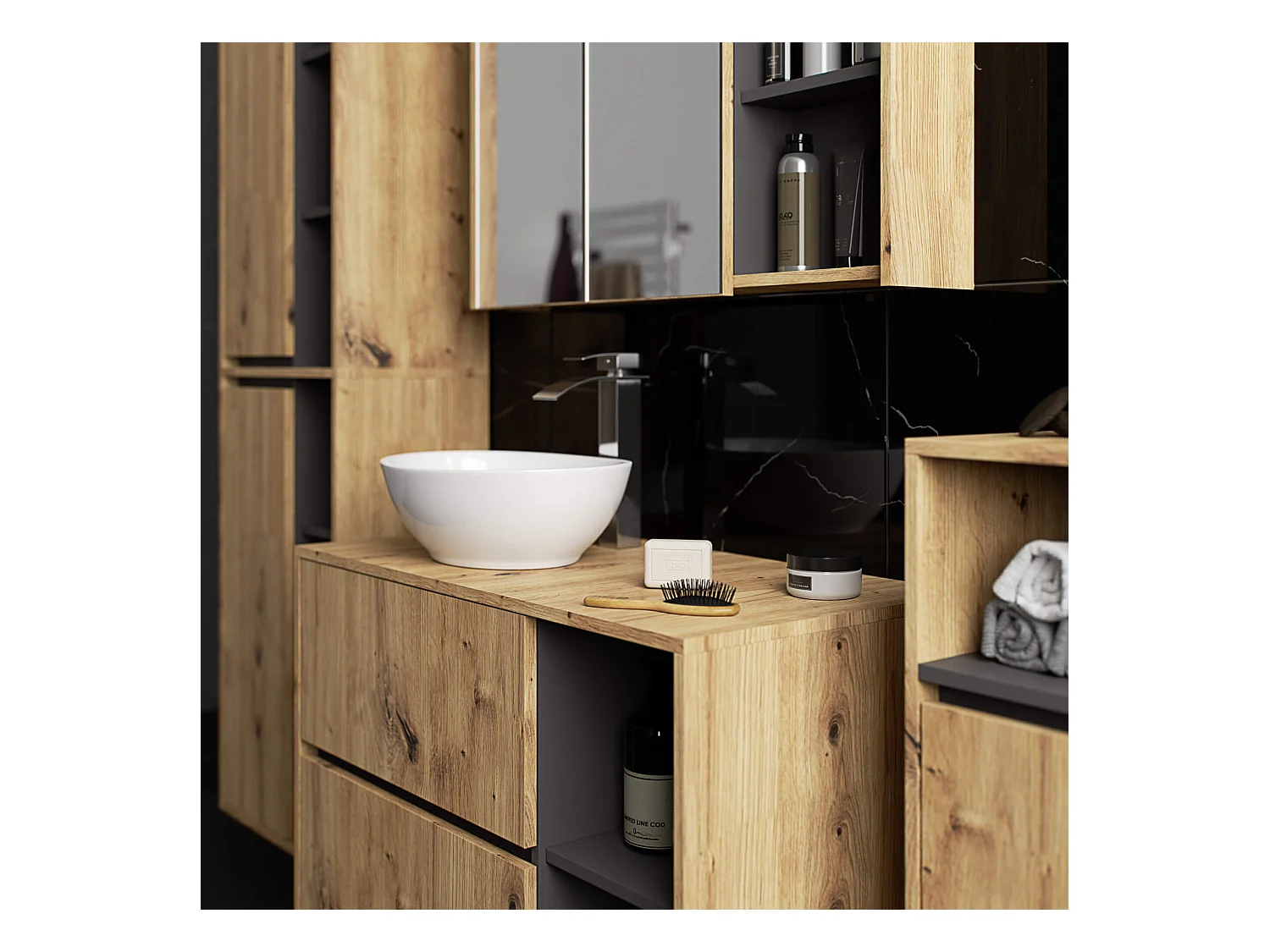 Bad-Hochschrank hängend VAMI Artisan Eiche, Graphitgrau 50 cm 2 Türen 10 Regalböden B50xH170xT30 cm