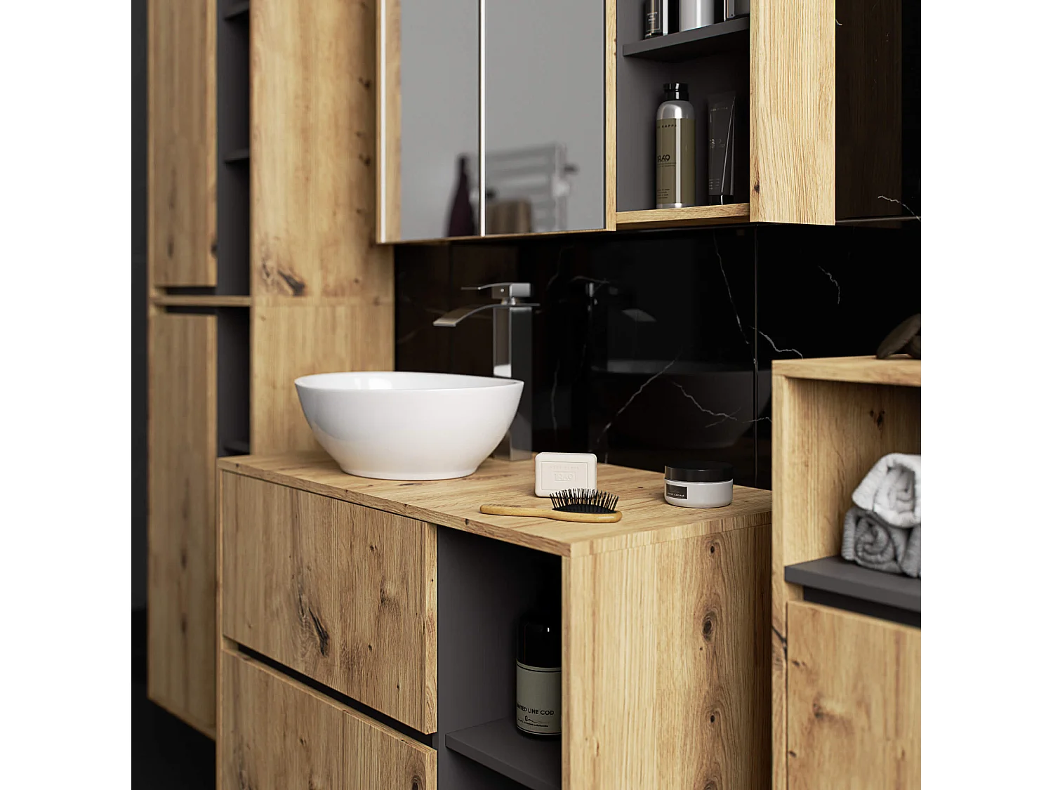 Hangende Badkamerkast Kolomkast VAMI W50 met 2 Deuren en 10 Planken / Artisan Eik - Grafietgrijs / AKORD Furniture Factory / 50x170x30 cm