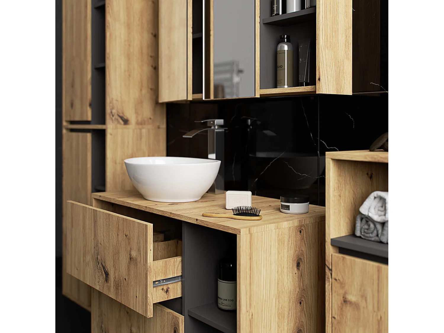 Hangende Badkamerkast Kolomkast VAMI W50 met 2 Deuren en 10 Planken / Artisan Eik - Grafietgrijs / AKORD Furniture Factory / 50x170x30 cm