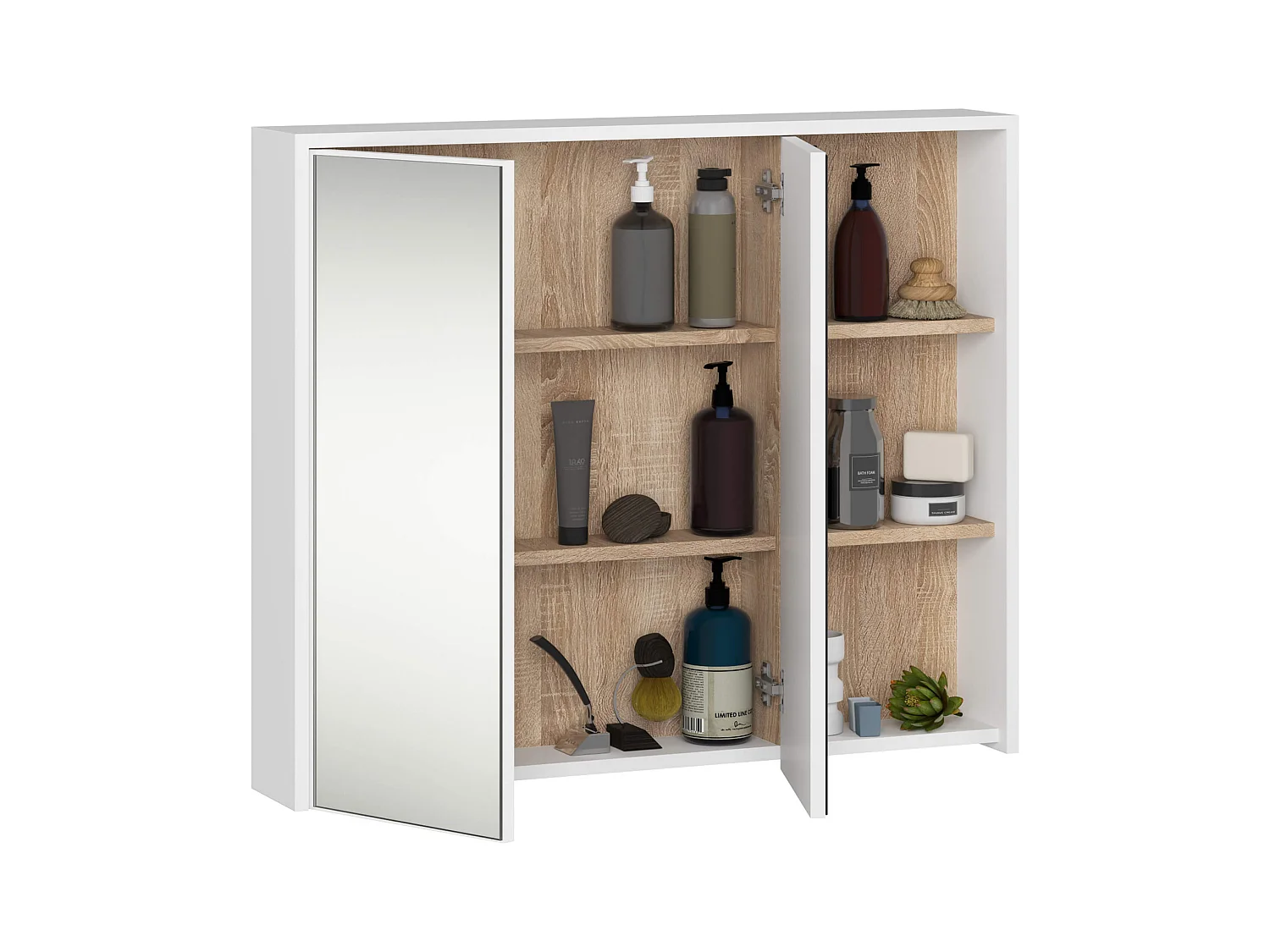 Badezimmer-Hängeschrank VAMI mit Spiegel Weiß, Sonoma Eiche 90 cm 2 Türen 6 Regalböden B90xH75xT15 cm