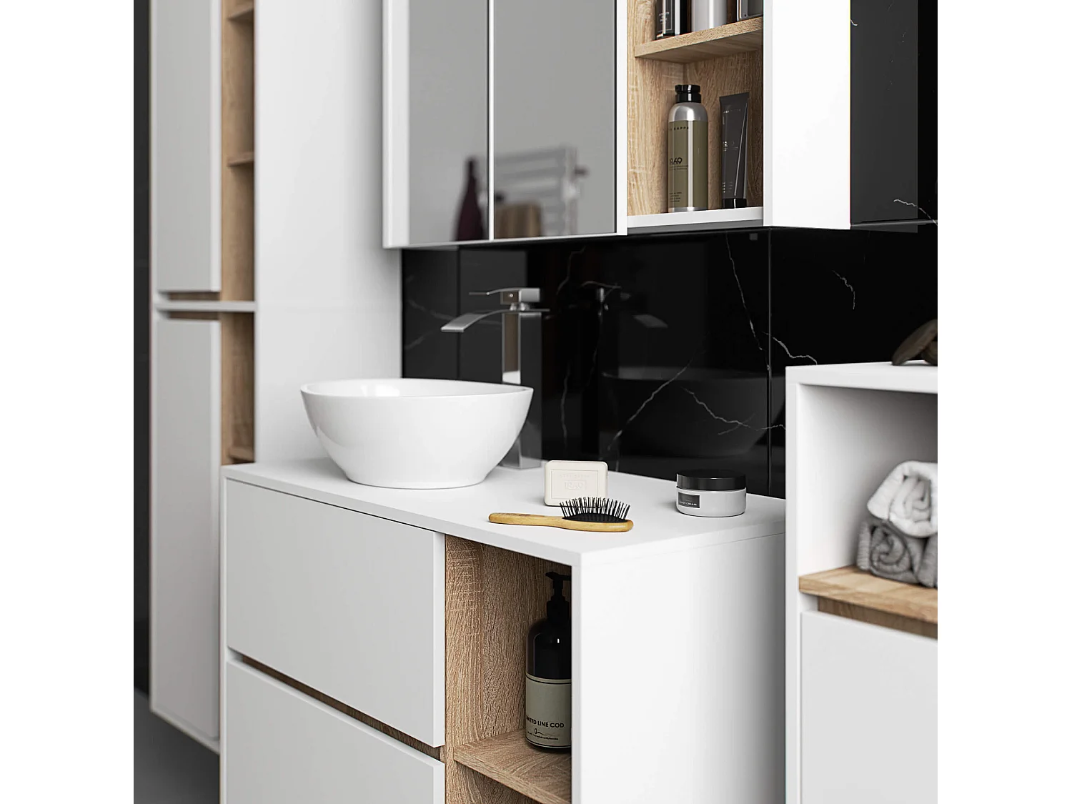 Badezimmer-Hängeschrank VAMI mit Spiegel Weiß, Sonoma Eiche 90 cm 2 Türen 6 Regalböden B90xH75xT15 cm