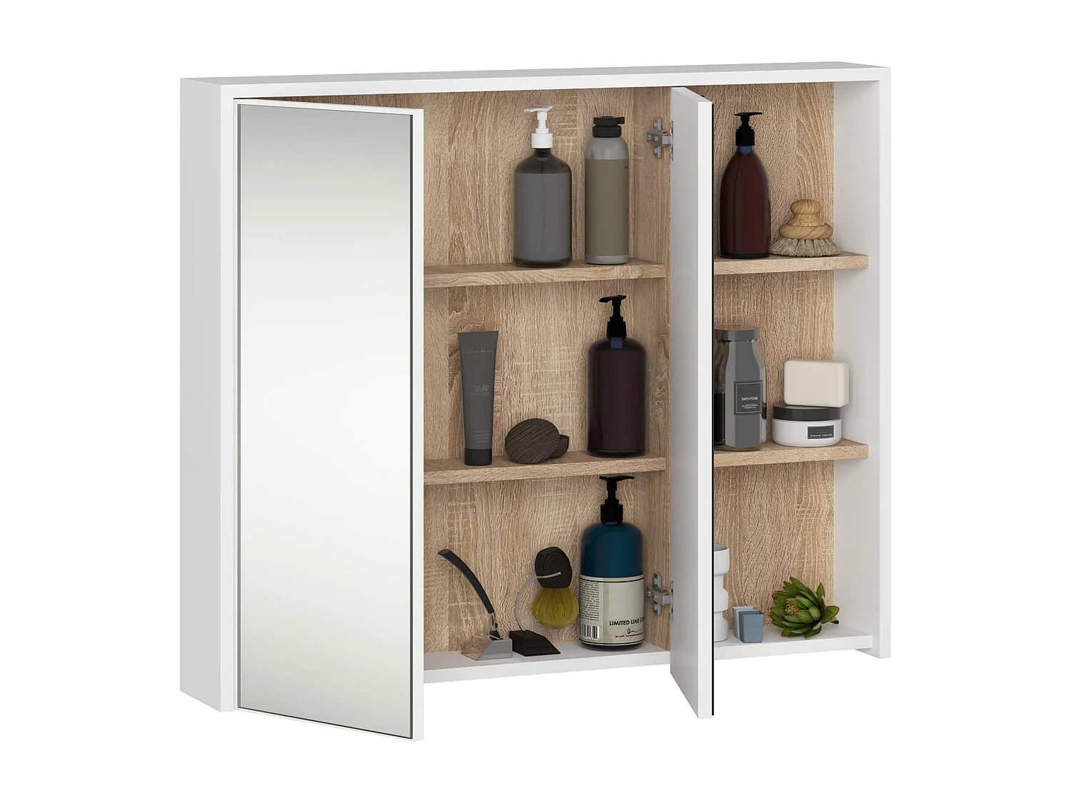 Hangende Badkamerkast Spiegelkast VAMI W90 met 2 Deuren en 6 Planken en Spiegel / Wit - Sonoma Eik / AKORD Furniture Factory / 90x15x75 cm